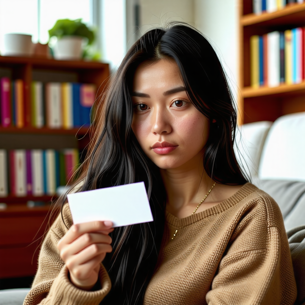 하얀색 카드를 보며 고민을 하고 있는 머리 긴 동양인 여성